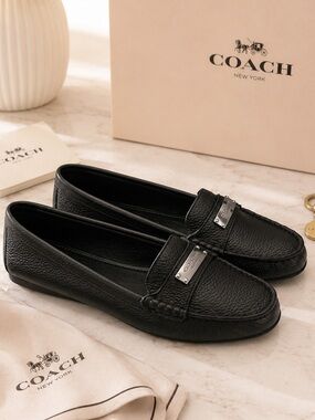Coach Fredrica Black Pebbled Leather Driving Loafers Silver Logo Flats 10